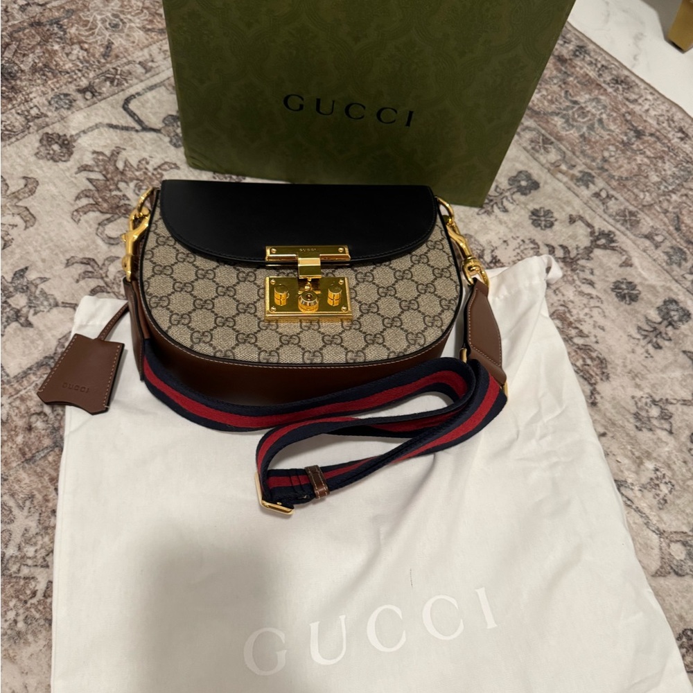 Gucci Beige GG Supreme Canvas Crossbody with Black Flap & Brown Trim